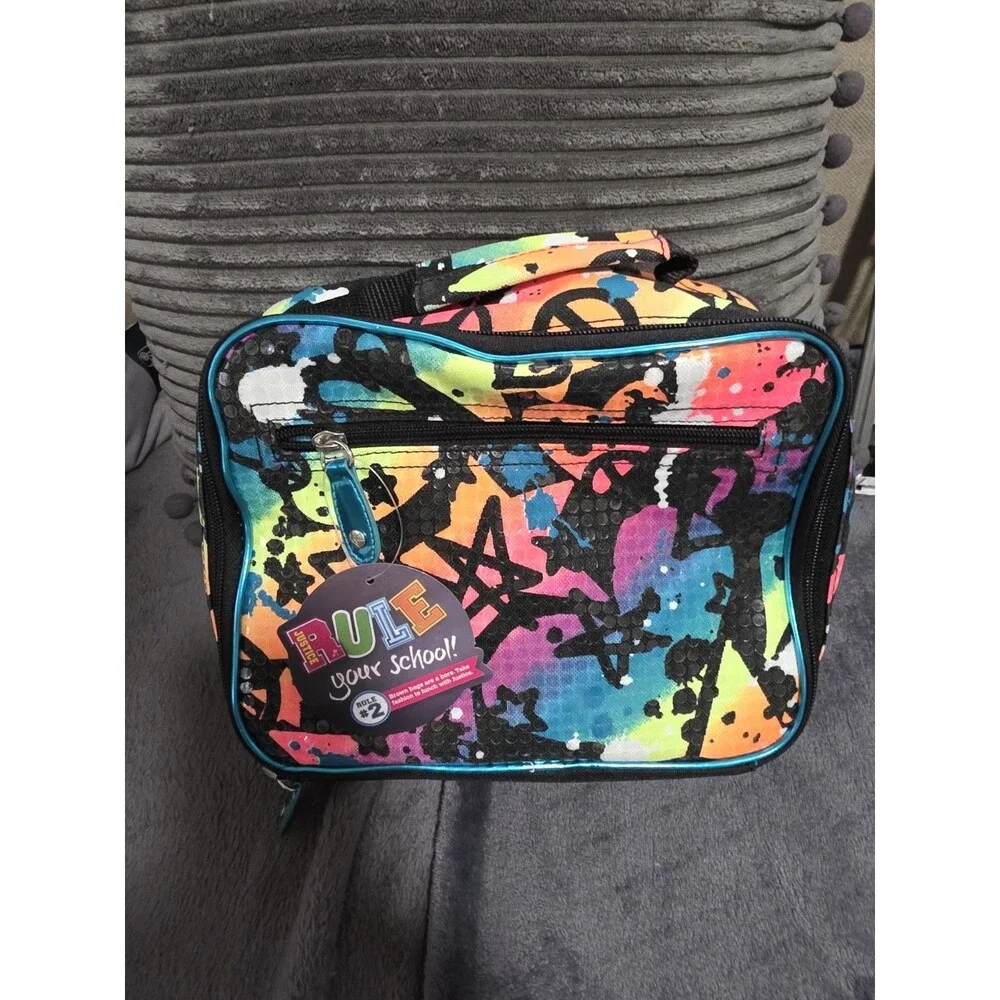 HTF School JUSTICE 2pc BACKPACK & LUNCH BOX TOTE SET EMOJI RAINBOW NwT